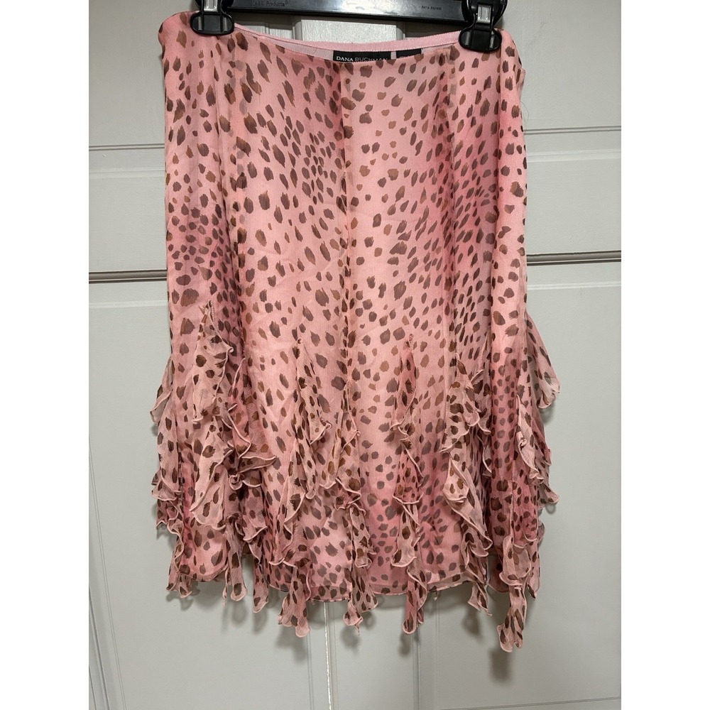 Dana Buchman Women Pink Silk Leopard Print Skirt Ruffle Hem Whimsigoth Y2K Sz 12 - Picture 1 of 9